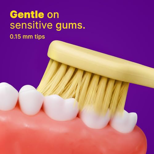 Image of Extra Soft Bristle Toothbrushes for Adults, 4-Pack, Yellow | Gentle on sensitive gums, ultra-soft tapered bristles, reaches back molars, non-slip grip, individually wrapped, BPA-Free