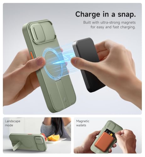 Image of SURITCH for iPhone 15 Case with Magnetic Camera Slide Cover and Adjustable Kickstand, Compatible with MagSafe, Shockproof Bumper Case Slim Protective Cover 6.1 Inch, Green