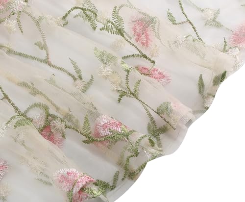 Image of Women Short Sleeve 2 Piece Floral Embroidery Dress Mesh Sheer Wedding Tulle Prom Midi Evening Cocktail Party Dress with Belt