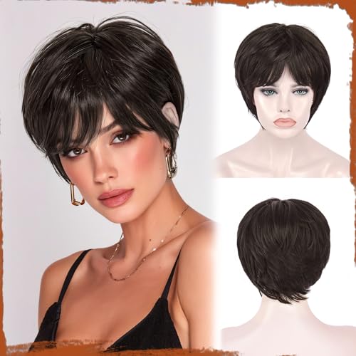 SOFEIYAN Pixie Cut Wig - Short Brown Pixie Haircut Wig with Bangs Glueless Layered Synthetic Hair Wigs for Women Soft Heat Resistant Natural Looking Wavy Wigs for Daily Party Use