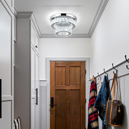 LEONTYNE 11.8 Inch Modern Mini Crystal Chandelier LED Flush Mount Ceiling Light - 2 Layer K9 Crystal, Small Chandelier for Bedroom, Hallway, Kitchen, Bathroom, Closet, Dining Room (Cool White)