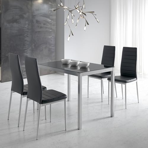 MOMMA HOME Conjunto Mesa Cocina y 4 Sillas Modelo MELBIRE Negro, Comedor Salón, Cuero sintético, Cristal Templado, Metal