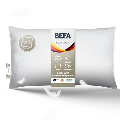 BEFA NATUR Almohada de Plumas 60x80 cm | 100% Plumas | 1125g Peso de Relleno | Apta para alérgicos (NOMITE) | Certificación (DOWNPASS) | Oeko-Tex Clase 1