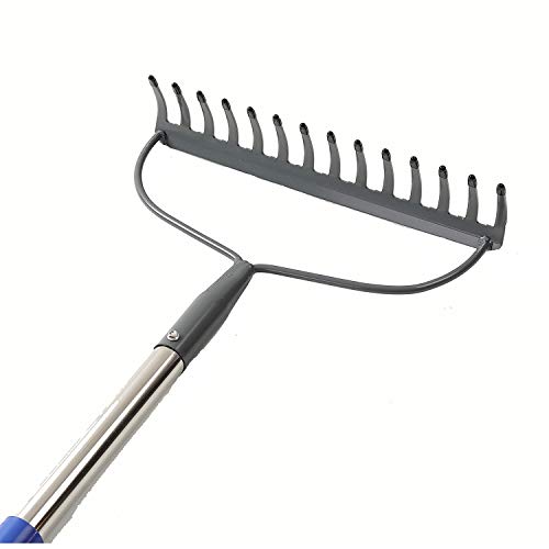 COCOHOME Bow Rake - 14 Tines Heavy Duty Metal Garden Leaf Rake with Stainless Steel Pole Handle, Wide Tines Level Head Adjustable Rake for Yard (Length: 60