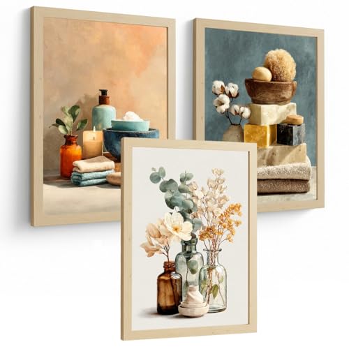 Nacnic Juego De 3 Laminas Decorativas Para Pared De Baño Cuadros Y Poster Para Lavabo Ducha Wc Y Aseo Con Velas Jabones Y Flores Estilo Natural Moderno Colorido A4 Sin Marco