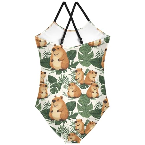 Pigsaly Girls One Piece Swimsuits Capybara Summer Palm Leaf Kids Cross Back Swimwear Toddler Beach Sport Bathing Suit 3T2
