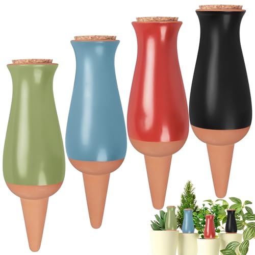 Srapwati Self-Watering Spikes for Plants, 4 Pack Terracotta Automatic Plant Watering System, Drip Irrigation Stakes, Top Fill Design for Indoor Outdoor Potted Plants Garden (Red, Blue, Green, Black)