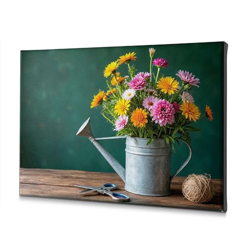 Tableau décoratif sur toile bouquet de fleurs sous forme d'arrosoir 20x30