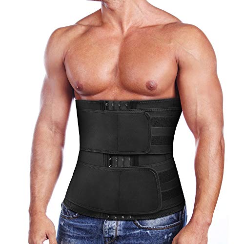 Yamadan Mens Neoprene Sauna Waist Cincher Slimmer Trainer Belt Belly Sweat Wrap Trimmer Workout Bands (Black Waist Trimmer with Two Belts, XL)