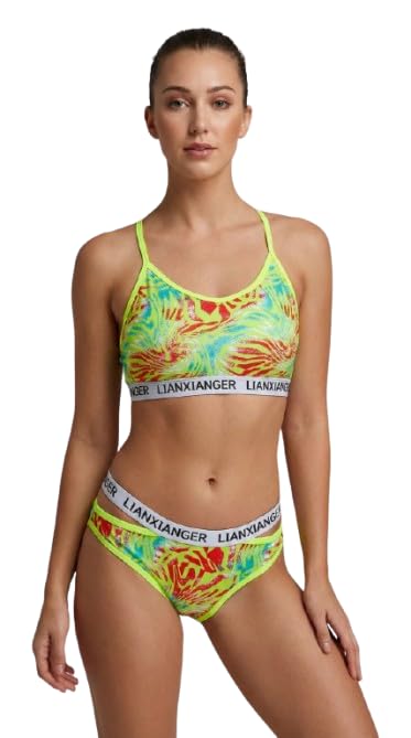 Printed Sports Bra and Bikini Panty Lingerie Set, Neon Multicolor, Stretch Cotton Blend, Non Padded Wirefree Bralette with Elastic Logo Band (in, Alpha, S)