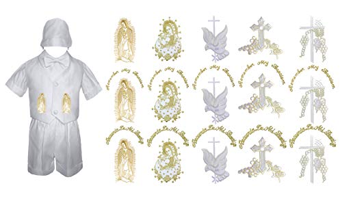 4 PC Baby Boys Christening Baptism Communion Shorts Set Gold Mary Guadalupe Cross Pope SM-4T (3T, Mary & Pope - Spanish)