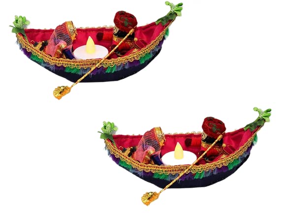 Crafting with Love a Beautiful Handmade Rajasthani Boating Dolls Puppet Tealight Candle Holder with 4 Wax Tea Lights , Multicolor (Pack of 2)