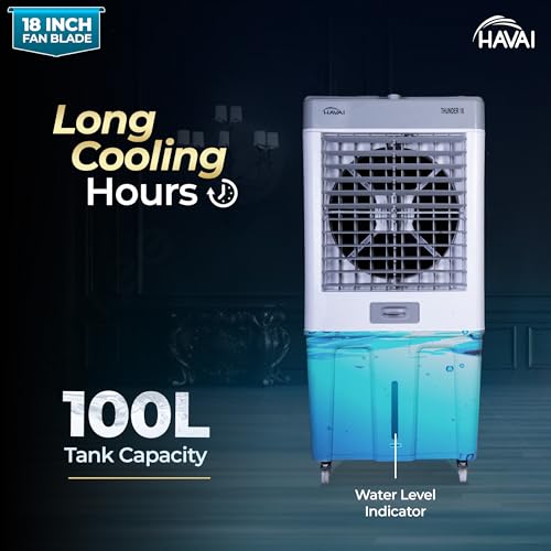 Image of HAVAI Thunder 18 Desert Cooler | 18 inch Heavy-Duty Aluminium Fan Blade | 110 Dia 35mm Powerful Motor | Auto Swing | 3-Side Honeycomb | 20 Ft Air Throw | 100L Tank | 1-Year Motor Warranty | White & Grey