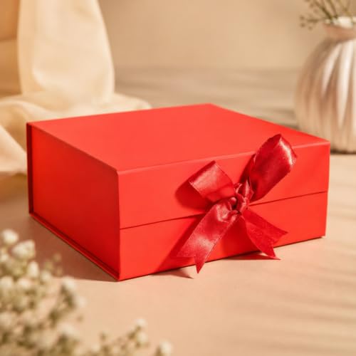 Image of Kura by Ekhasa Foldable Large Multipurpose Gift Hamper Box (21.5 x 21 x 9.5 cm) with Magnetic Closure & Ribbon | Red Rigid Cardboard Empty Reusable Packing Box | Birthday, Wedding & Festive Gifting