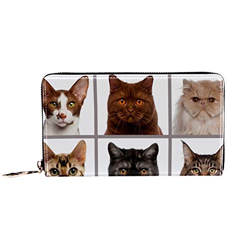 Preisvergleich Produktbild XCNGG Frauen Reißverschluss um Brieftasche und Telefonkupplung, Reisetasche Leder Clutch Tasche Kartenhalter Organizer Wristlets Brieftaschen, Katzenköpfe mit Blick auf die Kamera