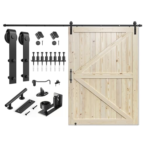 Image of SMARTSTANDARD 60in x 84in Sliding Barn Door with 10ft Barn Door Hardware Kit Included, Unfinished Solid Spruce Wood Door, Assembly Required, DIY, Stainable, Natural