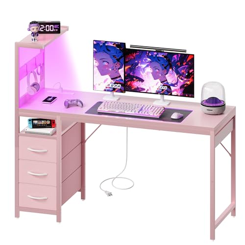 Image of YOUDENOVA 48 Inch Gaming Computer Desk with Led Lights, Small Desk with Storage Shelves and Drawers, Reversible Compact Gamer Table for Home Office, Carbon Fiber Pink