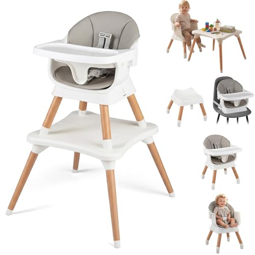 Image of HONEY JOY 9-in-1 Baby High Chair, Convertible Wood Highchair for Babies and Toddlers/Dining Booster Seat/Table & Chair Set, Toddler Stool w/5-Point Safety Harness, Removable Cushion & Tray (Gray)