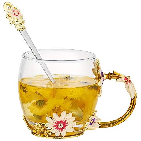 JLTPH Emaille Teetasse, Chrysantheme Flower Glass Klare bleifreie Kaffeetassen mit Löffel Reinigungstuch Cover