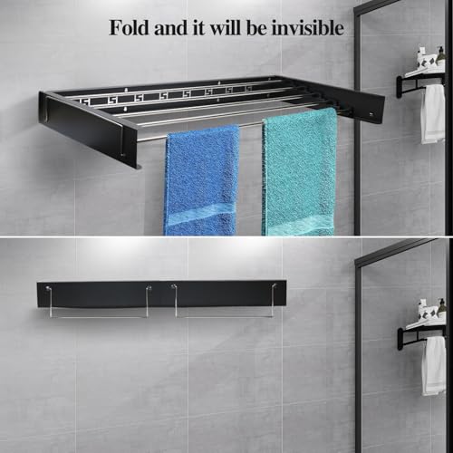 Gemsaya 80cm Wall Mounted Drying Rack, Stainless Steel Foldable Clothes Drying Rack With 2 Handles, Indoor & Outdoor Space Saver Washing Line Clothes Dryer, Black Retractable Laundry Clothes Airer - Image 2