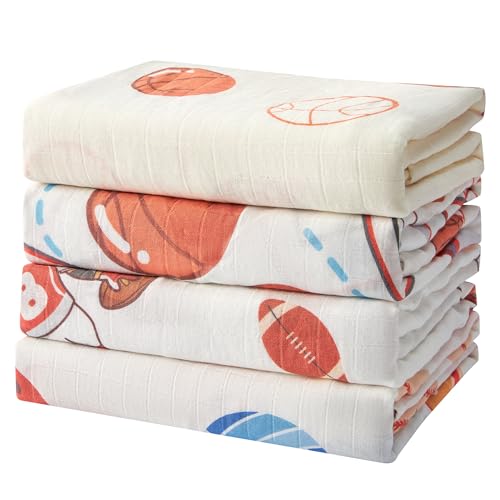 Image of IBESTOPIA 70% Rayon Made from Bamboo 30% Cotton Muslin Swaddle Blanket, 47 x 47 Inches, Basketball Print Baby Receiving Blanket, Soft and Breathable, Unisex, 4 Pack