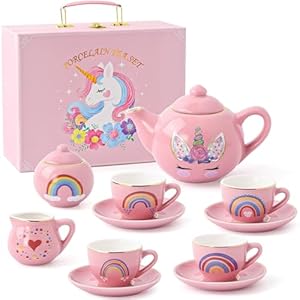 Porcelain Unicorn Tea Party Set for Little Girls Kids Toddlers, 13Pcs Ceramic Tea Set – Tea Pot Cups & Saucers & Carrying Case, Pretend Play Toys – Christmas Birthday Gift for Girls (Pink)