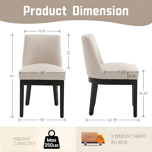 Image of HNY Modern Dining Chairs Set of 4 with Comfortable Back Support, Farmhouse Soft Linen Upholstered Dining Room Chairs with Black Solid Wood Legs, Armless Kitchen Side Chairs for Living Room, Beige