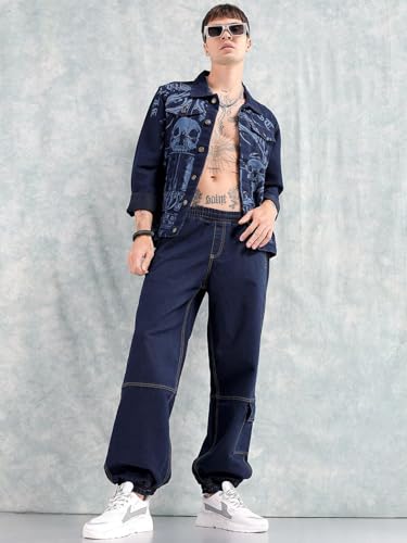 Image of The Indian Garage Co Men Loose Fit Solid Mid-Rise Stretchable Denim Joggers