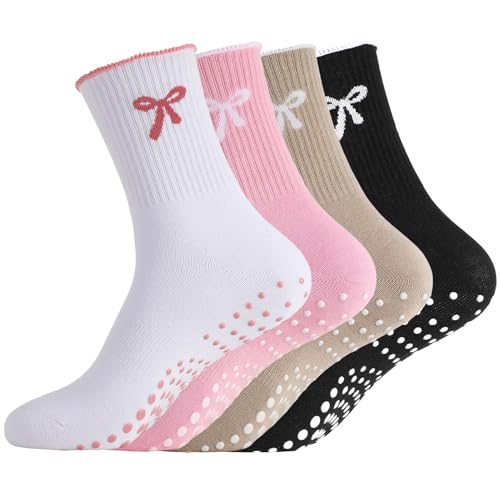 scenicamp 4 Pairs Cute Pilates Grip Socks for Women Non Slip Crew Yoga Socks with Bow for Barre Dance Studio
