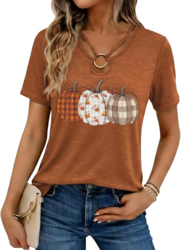 Nigbriz Women's Halloween Boho Checkered Pumpkin Graphic Shirt,Brown-5,XL