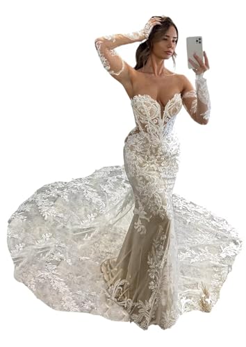 Ivory Plus Size Wedding Dresses for Bride 2025 Sexy Mermaid Strapless Tulle Lace Bodycon Applique Boho Long Bridal Dress for Bride with Train US18