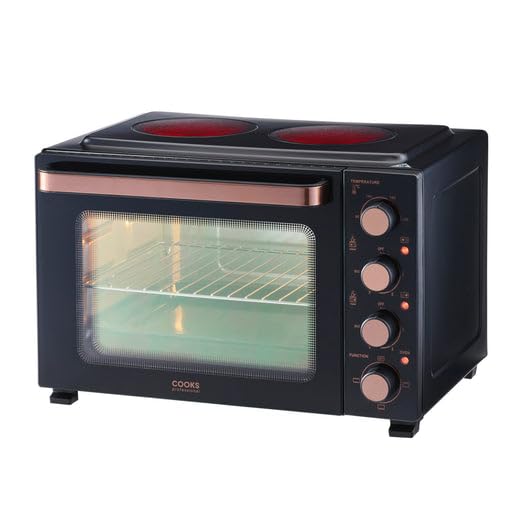 Cooks Professional Mini Portable Oven with Ceramic Hobs | Energy Efficient Electric Countertop Cooker with Two Hot Plates & Wire Rack Baking Tray | Kitchen Grill Ovens | 34L Capacity | Black & Copper