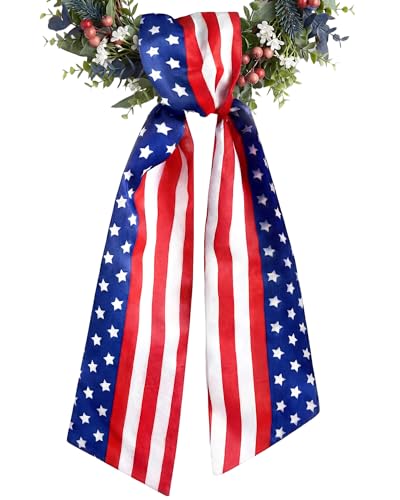 Kutyndrix Patriotic Wreath Sash for Front Door, Double Sided Satin 5" W x 55" L, Stars and Stripes American Flag Ribbon for 4th of July Memorial Day Decoration