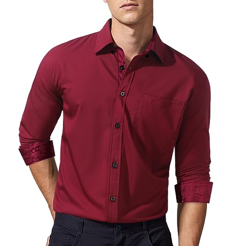 Image of HISDERN Mens Dress Shirts Long Sleeve Button Down Casual Shirts for Men Inner Contrast Formal Business Tuxedo Wedding Shirt