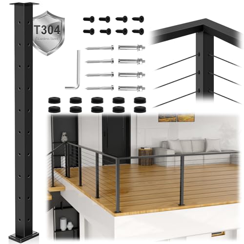 Image of Zylorix T304 Cable Railing Corner Post 36"(Post 35"x2"x2"), 90° Drilled Railing Post with Cable Grommets, Fixed Top Mount Stainless Steel Black Finish L-drilled Deck Staircase Post