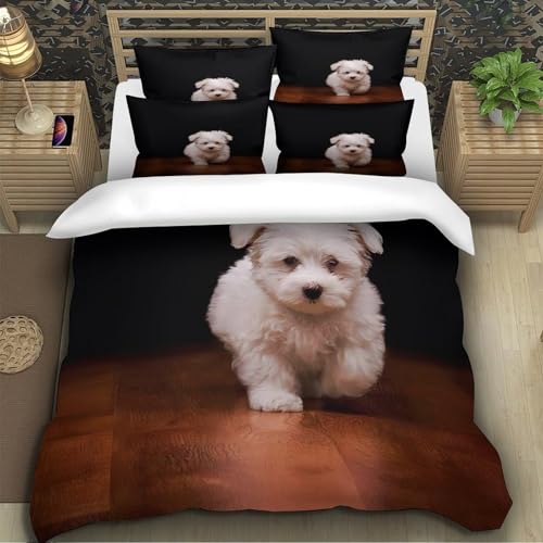 Housse de couette chiot blanc 140x200 parure lit microfibre