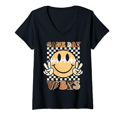 Funny Face Fútbol Americano Día del Juego Vibes Deporte Mujeres Chica Camiseta Cuello V