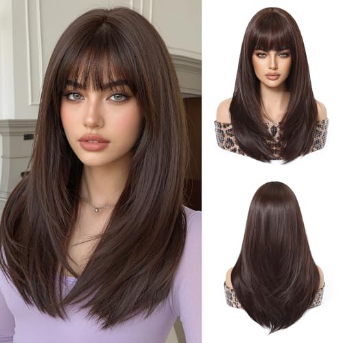 Esmee Long Straight Coffee Brown Wigs for Women with Fringe Natural Synthetic Hair Ombre Wig for Daily & Party Use
