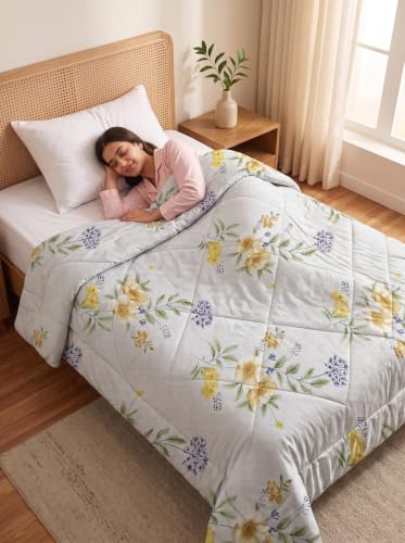 Image of Mafatlal 120 GSM Tulip Premium Microfiber Reversible AC Comforter for Single Bed | Lightweight All Weather Breathable Quilt Blanket | Soft Warm Dohar Duvet | 154 x 228 cm | Ice Blue