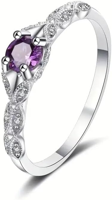 925 Sterling Silver Fashion Round Purple Gemstone Ring - Elegant Solitaire Design Ideal for Engagement Wedding Anniversary Daily Wear​ Size 6