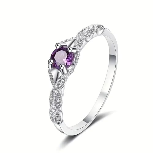 925 Sterling Silver Fashion Round Purple Gemstone Ring - Elegant Solitaire Design Ideal for Engagement Wedding Anniversary Daily Wear​ Size 7