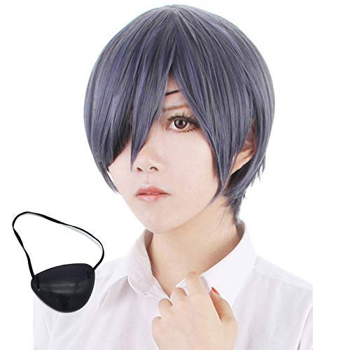 MUZI WIG Ciel Phantomhive Perruque cosplay courte et droite avec bonnet et cache-œil Noir Cover