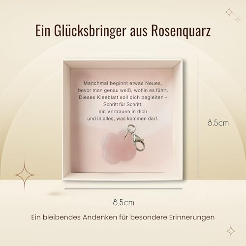 Milaboo® Handgefertigte Geschenkbox mit Kleeblatt-Anhänger – Glücksbringer mit Botschaft (Neuer Weg - Rosenquarz)