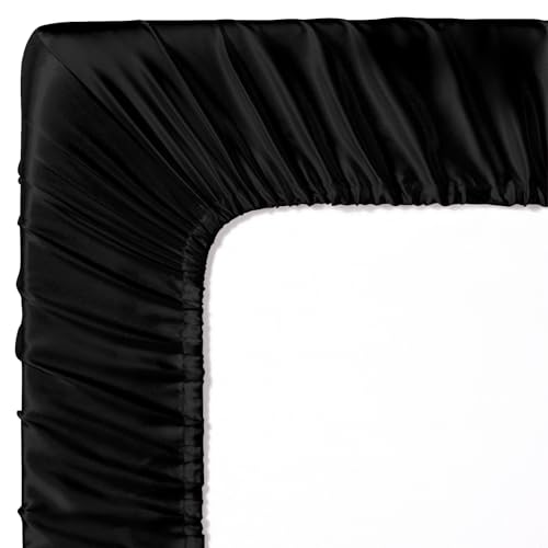 Image of Entisn 28x52 Satin Fitted Crib Sheet 2 Pack, Black | 8-Inch Deep Pocket Snug Fit, Silky Satin Protects Hair And Skin, No-Slip Reinforced Edges, Machine Washable Fade-Resistant