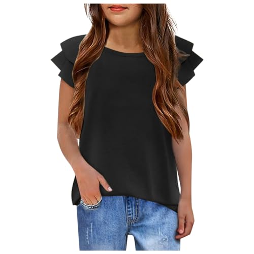 Girls Ruffle Sleeve T Shirts Trendy Frill Design Casual Blouse for Big Kids Soft Summer Top Loose Fit Daily Outfit