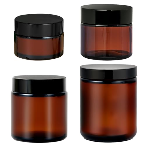 11 Hoa Kinh 2oz Jars with Lids, HOA Kinh 3 Pack Amber Glass Jars with Lids Empty Cosmetic Containers Round Airtight Glass Jar with Black Lid for Storing Lotions Powders Ointments
