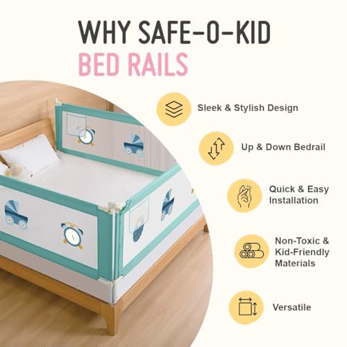 Image of Safe-O-Kid 1-Year Warranty 6 Feet /180Cms Metal Baby Bed Rail with Extra Mesh Cloth Prevents from The Gap, 28 Level Adjustable Height, Baby Safety Bed Railing, Bed Guard for Babies, Green-Pack of 3