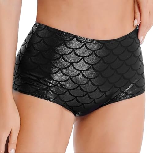 RuiChy Pantalones Cortos de Escamas de pez para Mujer Pantalones Cortos metálicos Brillantes con Cintura Alta Ropa de Baile para Discoteca Fiesta Disfraz de actuación, Negro