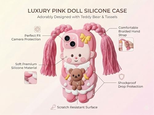 Image of amazon basics Cute 3D Pink Doll Silicone Mobile Case for iPhone 15 - Aesthetic Cartoon Girl with Braided Tassels & Teddy Bear, Soft Shockproof Protective Back Cover for Girls & Kids