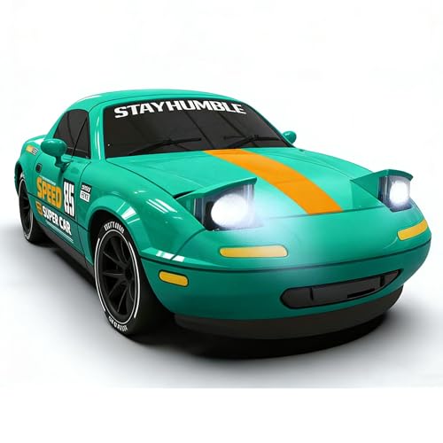 Image of 1:24 RC Drift Car 4WD, 20km /h Remote Control Car with Smoke Effect, Pop-Up Headlights, LED Lights, Drift Tires, Rechargeable Toy Car for Kids & Adults (Green)